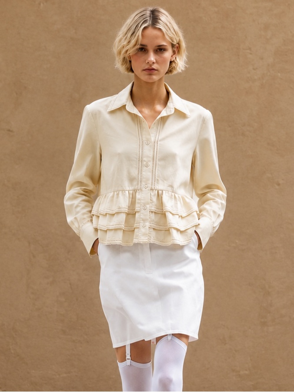 TCEC Cream Tiered Peplum Ruffle Blouse 100% Cotton Size Small